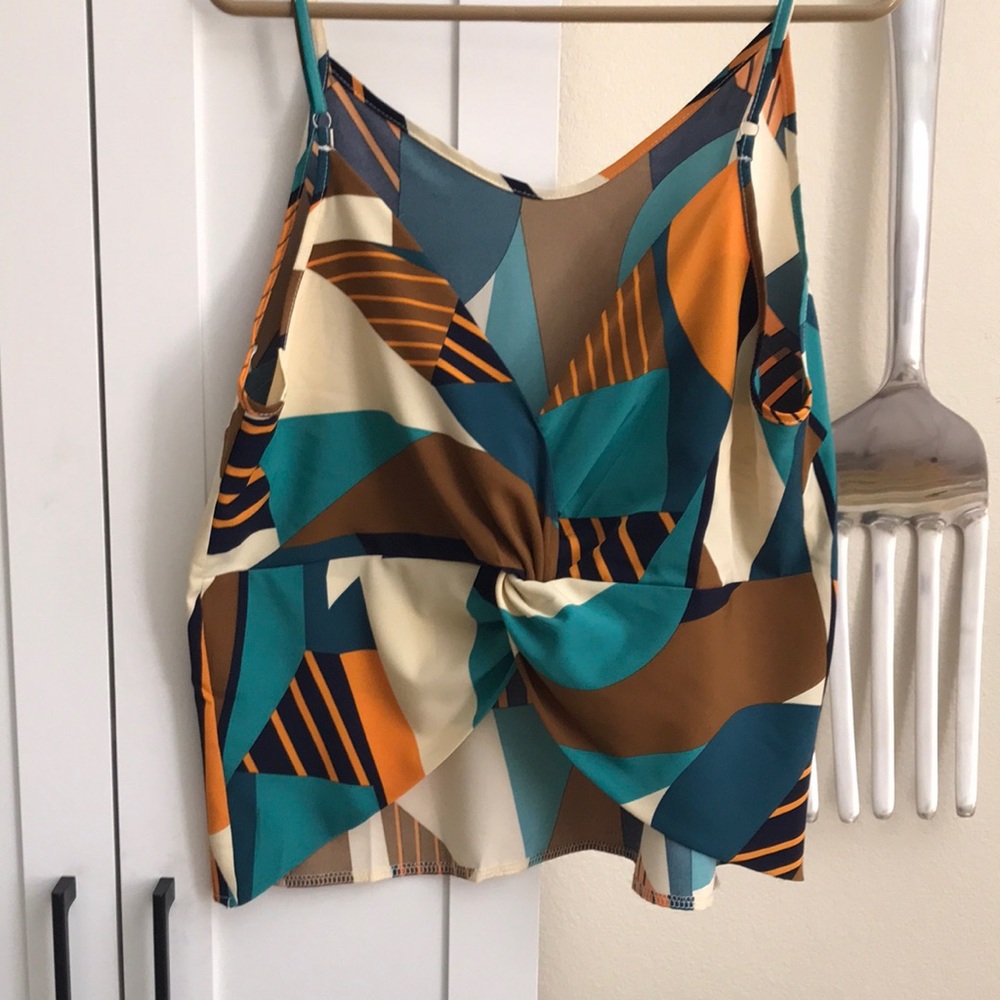 Twist-Front Geometric Print Camisole Skirt - Teal & Brown